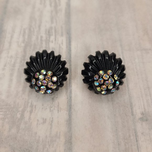 Black Lucite Carved Earrings with AB Crystals. Vintage Pinup Retro Goth - Picture 3 of 9